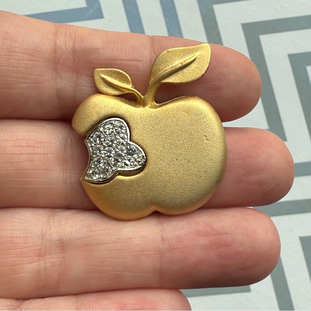 Tona Apple Brooch Brushed Gold Tone Pin Back